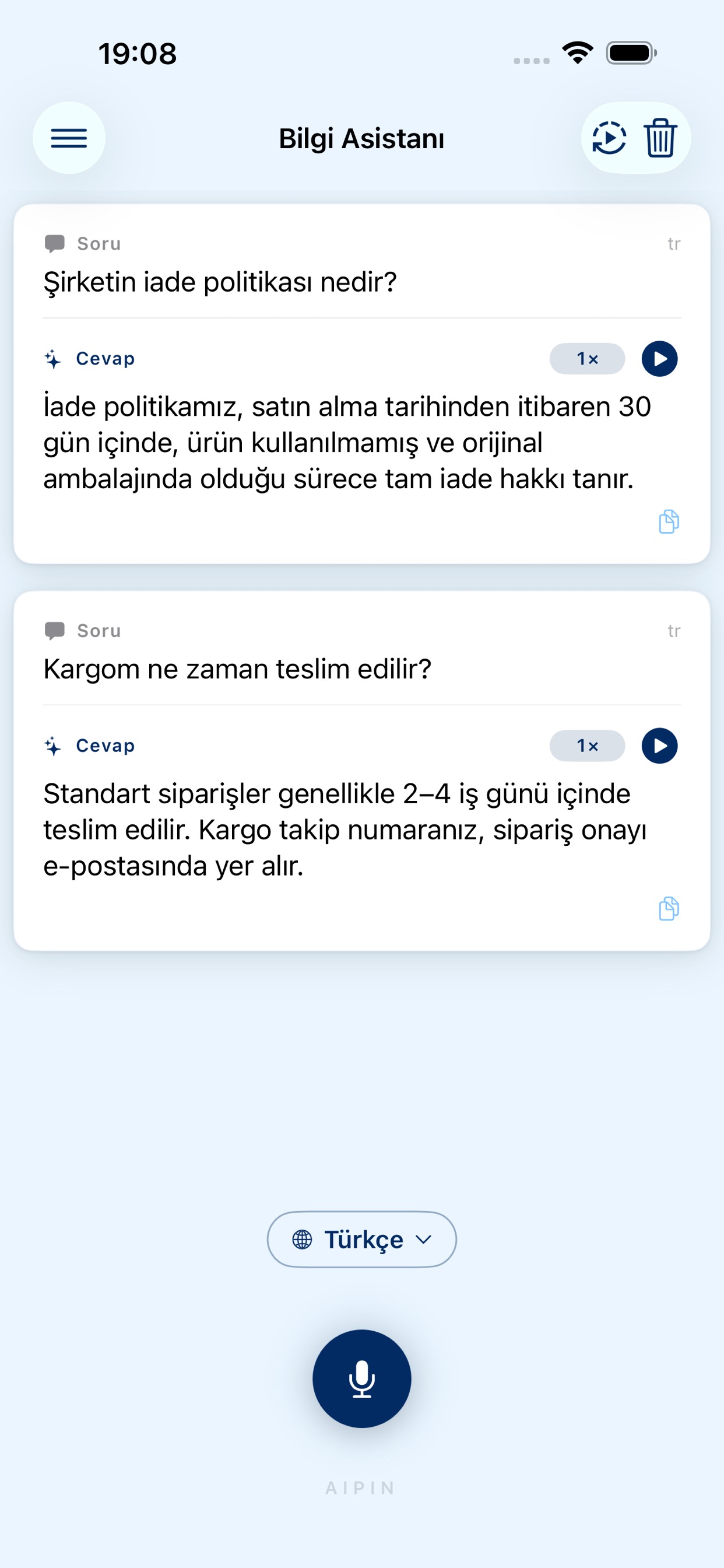 AiPin Bilgi Asistanı ekranı