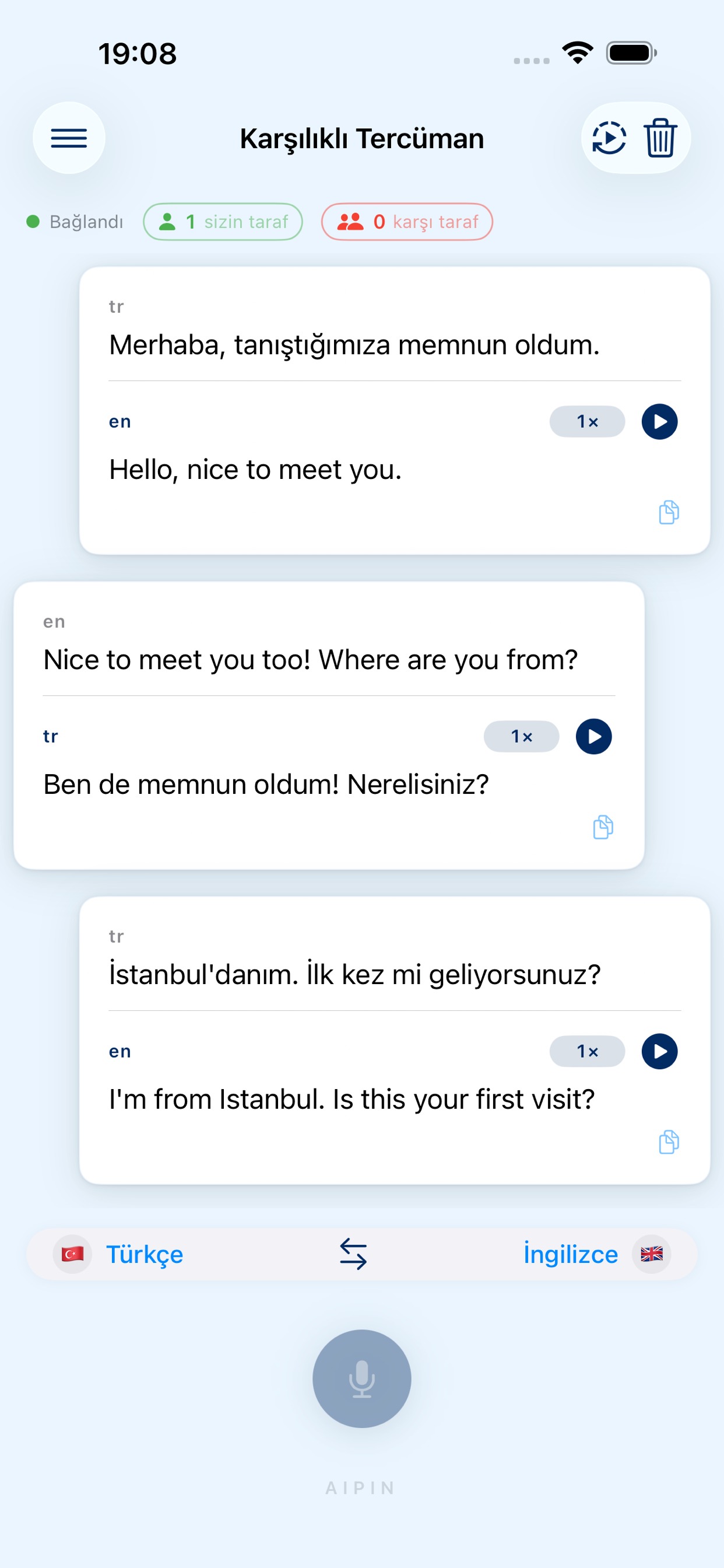 AiPin Karşılıklı Tercüman ekranı